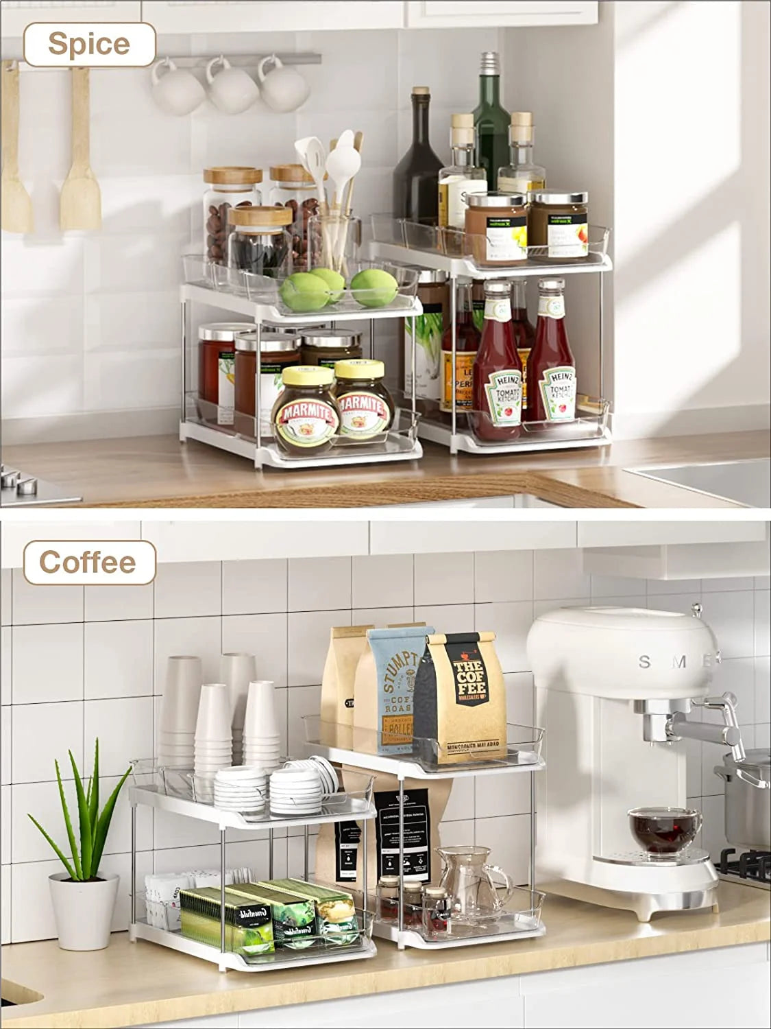 2 Pack Set under Sink Organizers and Storage, 2 Tier Sliding Bathroom Sink Organizer