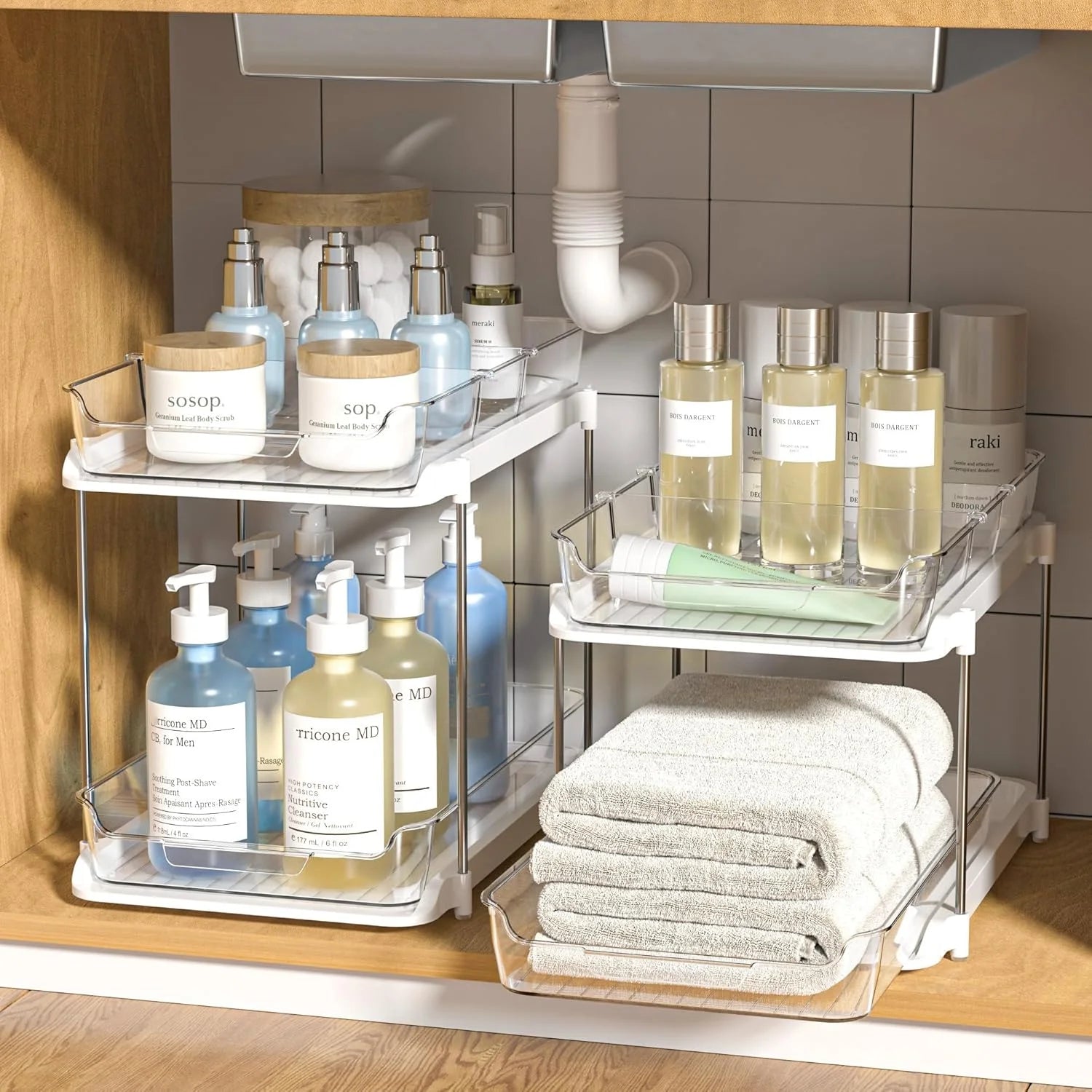 2 Pack Set under Sink Organizers and Storage, 2 Tier Sliding Bathroom Sink Organizer