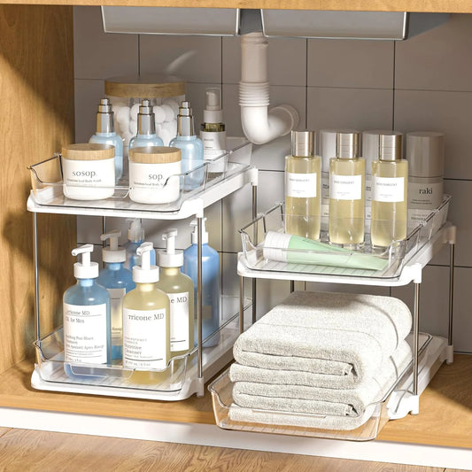 2 Pack Set under Sink Organizers and Storage, 2 Tier Sliding Bathroom Sink Organizer