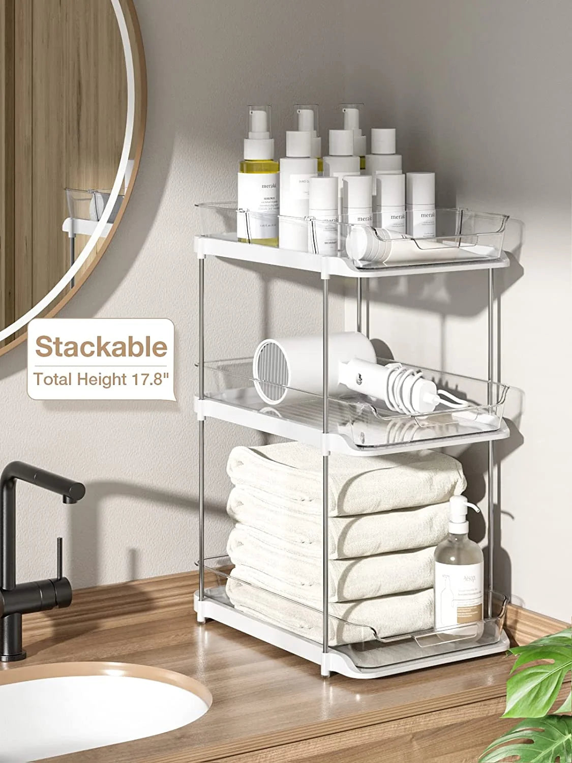 2 Pack Set under Sink Organizers and Storage, 2 Tier Sliding Bathroom Sink Organizer