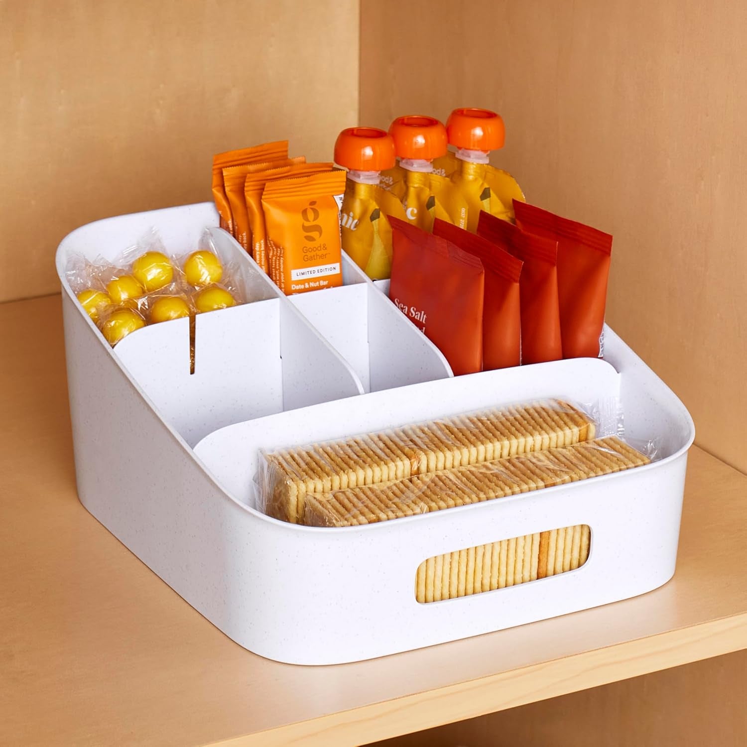 Adjustable Snack Bin - BPA-Free Divided Storage Basket for Organized Kitchen Pantry - Speckled White