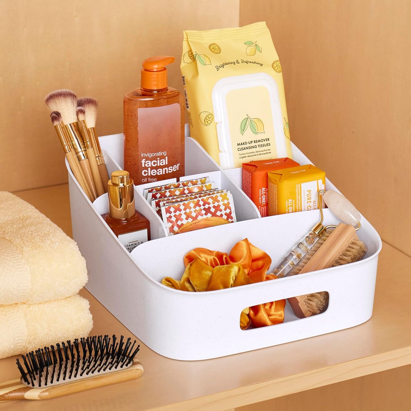 Adjustable Snack Bin - BPA-Free Divided Storage Basket for Organized Kitchen Pantry - Speckled White