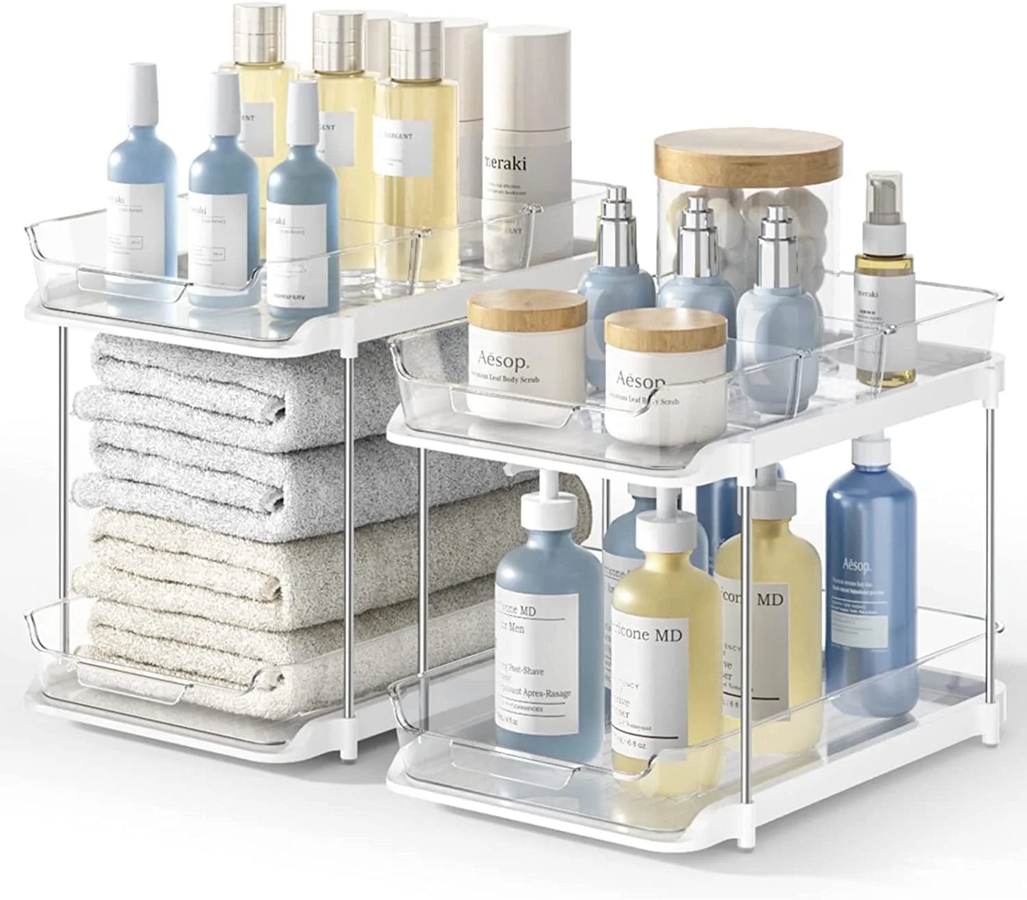 2 Pack Set under Sink Organizers and Storage, 2 Tier Sliding Bathroom Sink Organizer