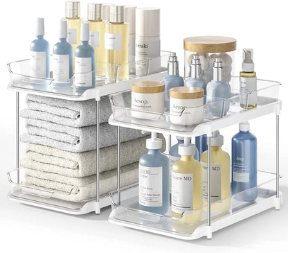 2 Pack Set under Sink Organizers and Storage, 2 Tier Sliding Bathroom Sink Organizer