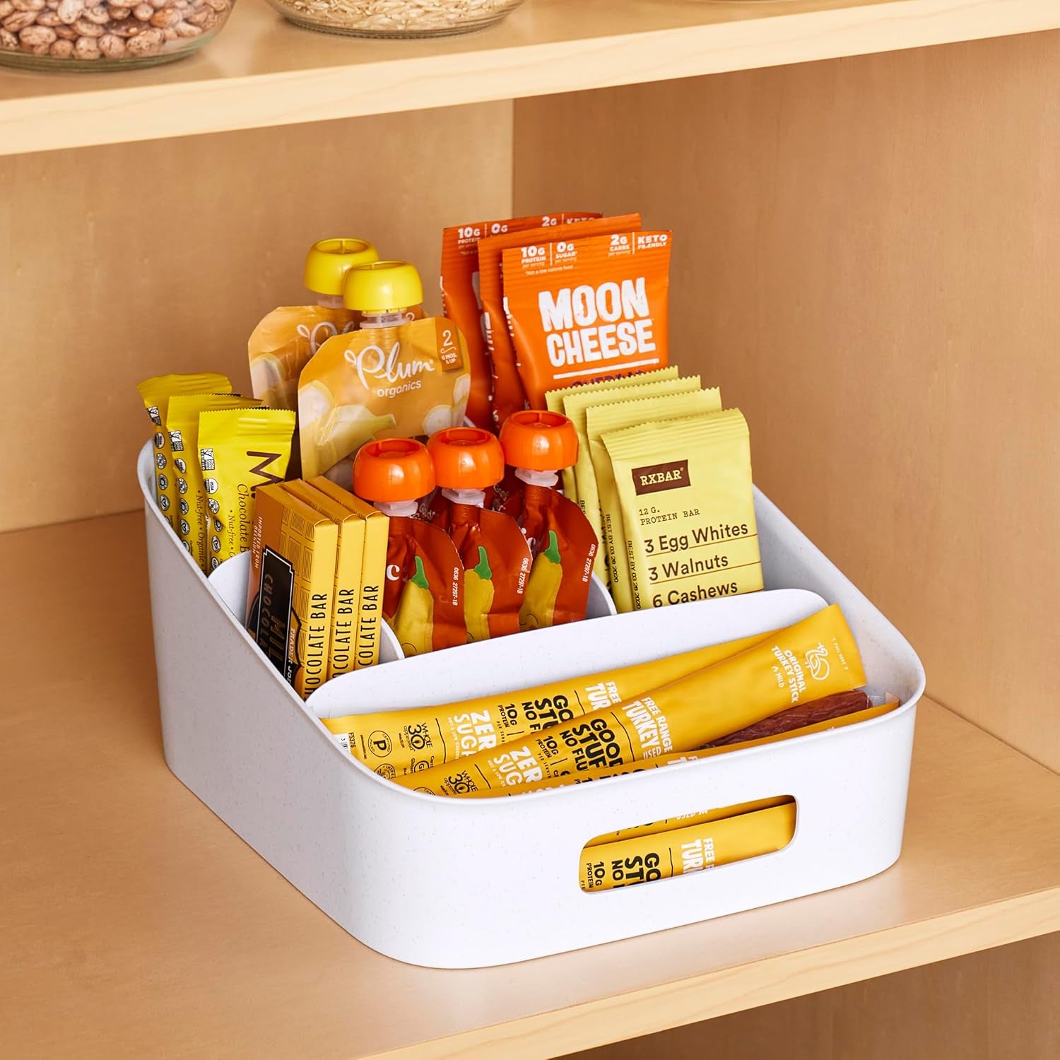 Adjustable Snack Bin - BPA-Free Divided Storage Basket for Organized Kitchen Pantry - Speckled White