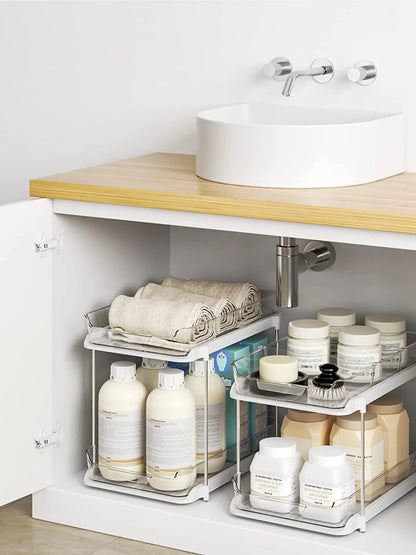 2 Pack Set under Sink Organizers and Storage, 2 Tier Sliding Bathroom Sink Organizer