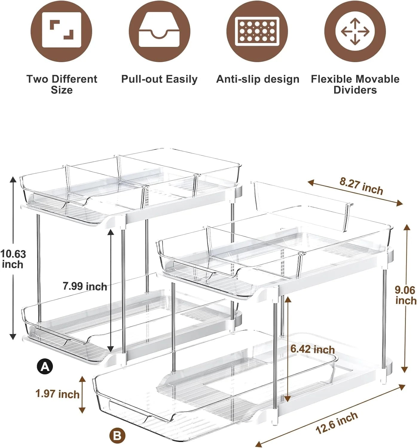 2 Pack Set under Sink Organizers and Storage, 2 Tier Sliding Bathroom Sink Organizer