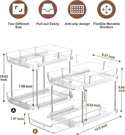 2 Pack Set under Sink Organizers and Storage, 2 Tier Sliding Bathroom Sink Organizer